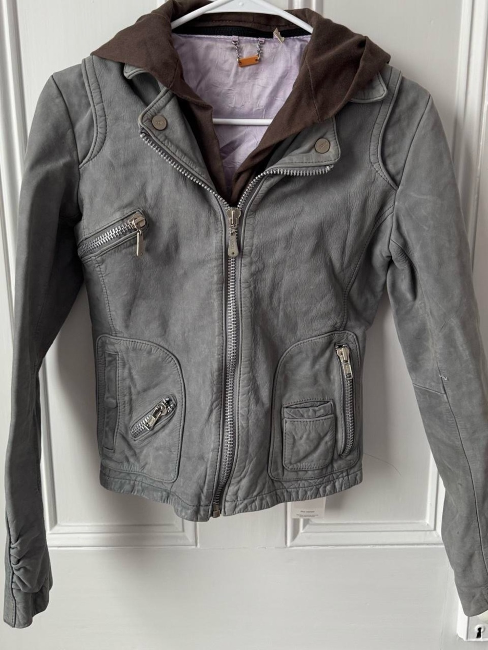Doma Grey Leather Biker Jacket With Hood